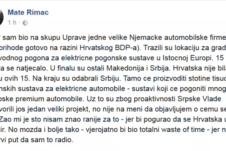 Mate Rimac: 'Proaktivna' Srbija dobila lukrativni natječaj na koji se Hrvatska nije ni prijavila