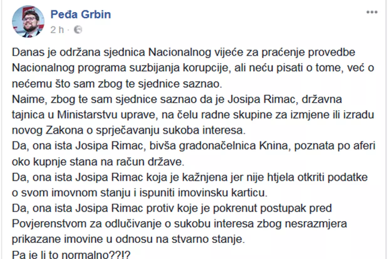 Grbin: Je li normalno da je Rimac čelnica radne skupine za Zakon o sprečavanju sukoba interesa?