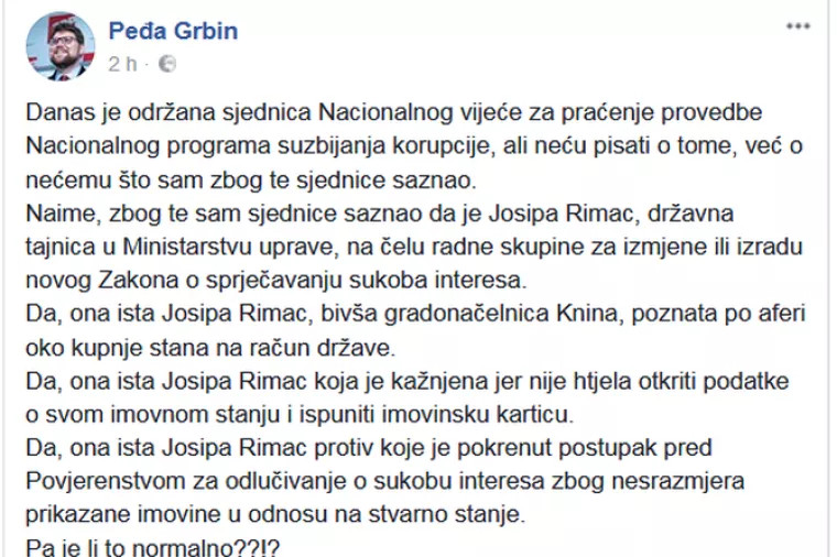 Grbin: Je li normalno da je Rimac čelnica radne skupine za Zakon o sprečavanju sukoba interesa?