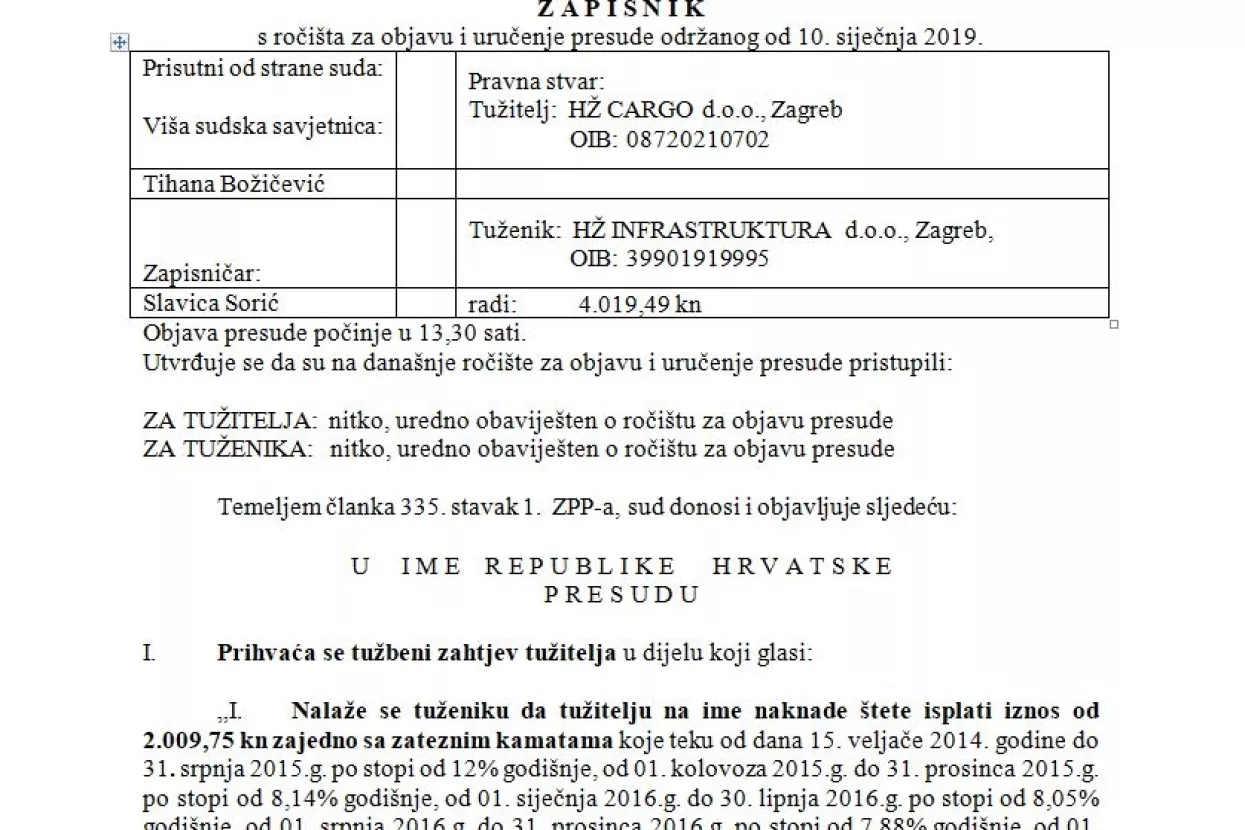 HŽ Cargo na sudu naplatio 2000 kuna od HŽ Infrastrukture kojoj duguje 172 milijuna kuna