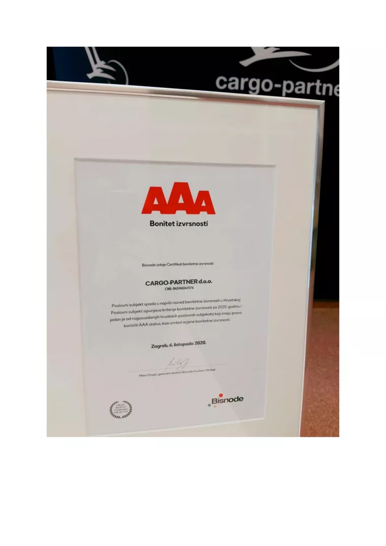 cargo-partner: primio BISNODE-ov certifikat bonitetne uspje&scaron;nosti u 2020.