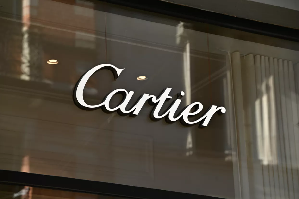 Stockholm, Sweden - July 12, 2021A window sign for the French jewellery brand Cartier at the company&Acirc;&acute;'s store in downtown Stockholm, Sweden.