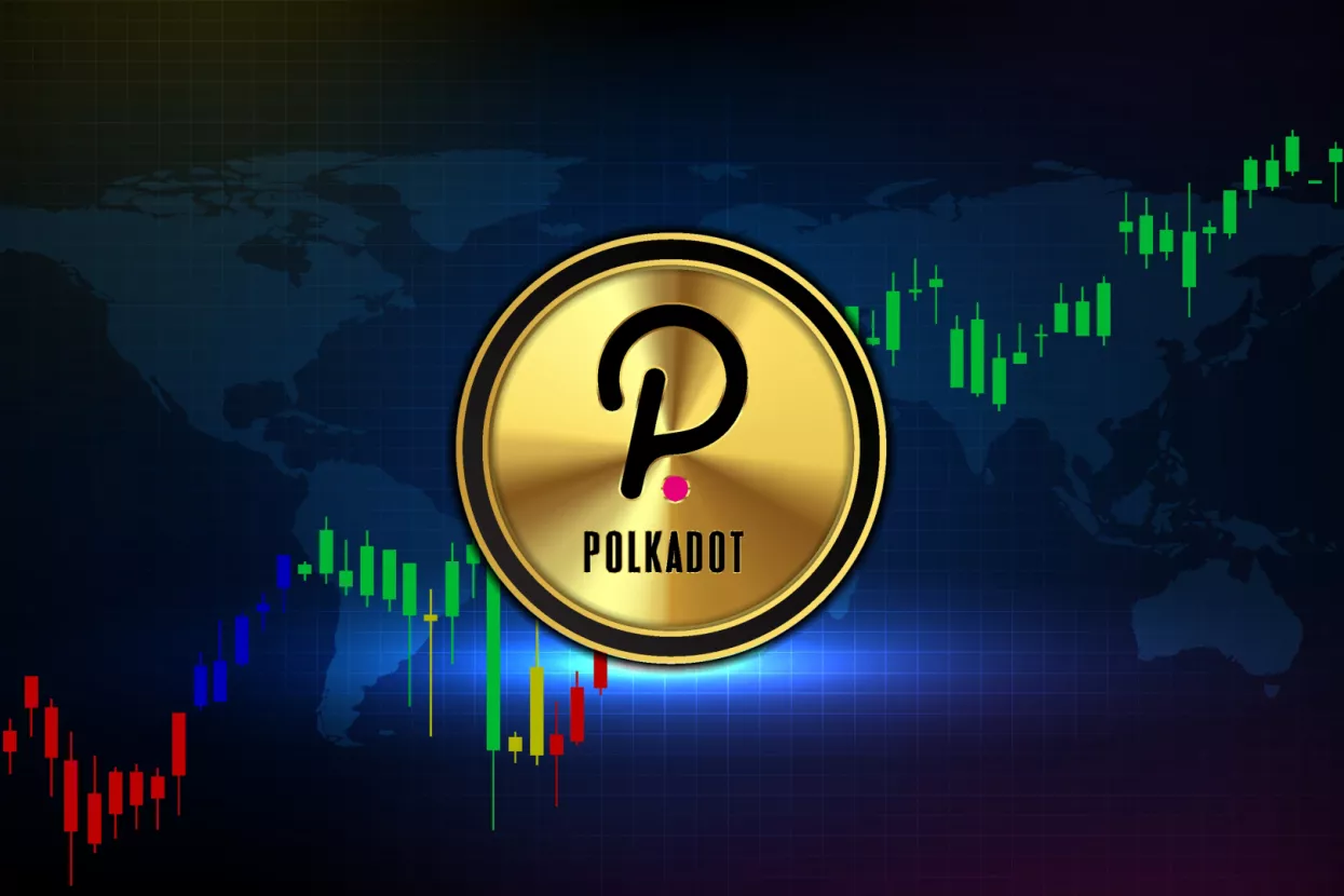 abstract futuristic technology background of polkadot(DOT) coin digital cryptocurrency and market graph volume indicator<br>kriptovaluta polkadot