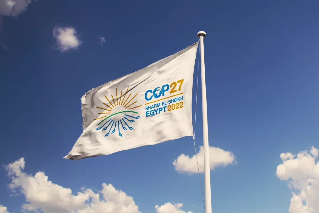 June 14, 2022, Brazil. The 2022 United Nations Climate Change Conference COP27 soon appears on a flag. Event will be on 7-18 November 2022, in Sharm El-Sheikh, Egypt