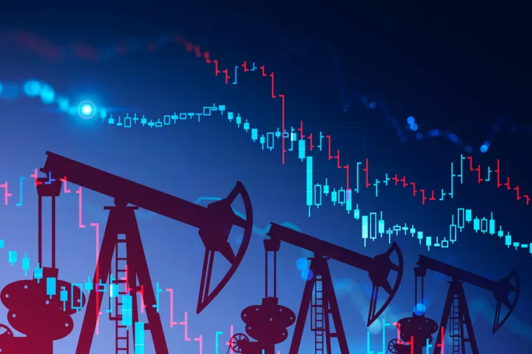 Three oil pumps over blue background with double exposure of falling blurry digital graphs. Concept of oil market crisis. 3d rendering toned image<br>nafta, plin, proizvodnja, pad proizvodnje, pad cijena, cijene, cijene nafte, cijene plina, burze, burzovne robe, energenti