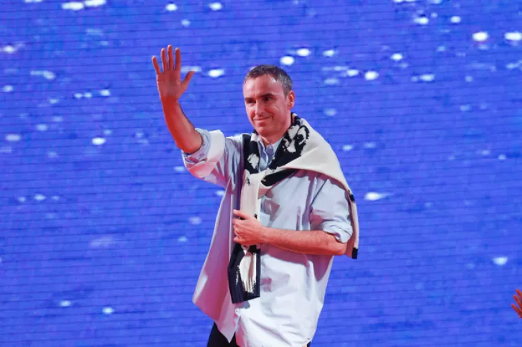 NEW YORK, NY - SEPTEMBER 11 Designer Raf Simons walks the runway for Calvin Klein Collection during New York Fashion Week at New York Stock Exchange on September 11, 2018 in New York City.
