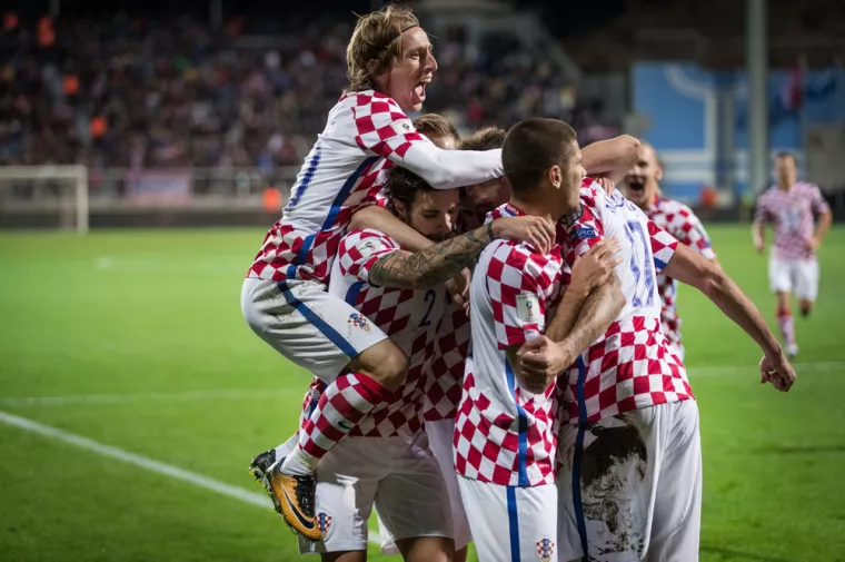 RIJEKA, CROATIA - OCTOBER 6, 2017European qualifier for 2018 FIFA World Cup Russia. Round 1, Group 1 - Croatia VS Finland. Croatian players celebrating goal<br>nogomet Hrvatska nogometna reprezentacija Luka Modrić