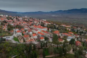 Aerial drone of Imotski, a small city in the dalmatian part of Croatia on a cold december day.