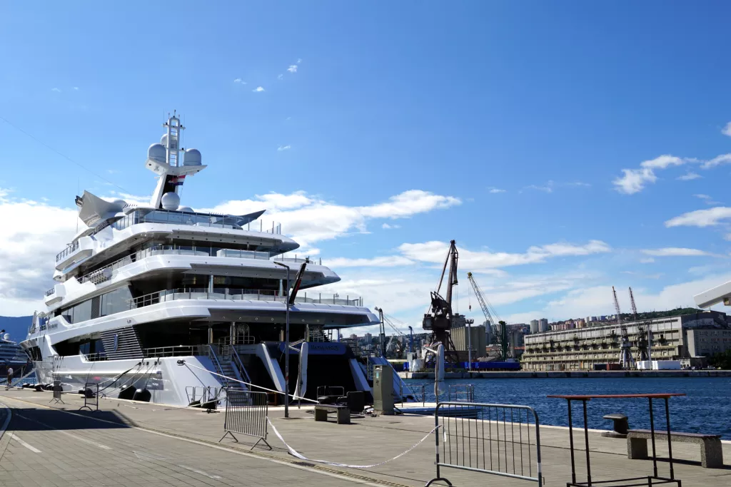 Rijeka, Croatia, July 3rd, 2020. A beautiful large yacht Royal Romance moored on the pier in the Croatian city of Rijeka