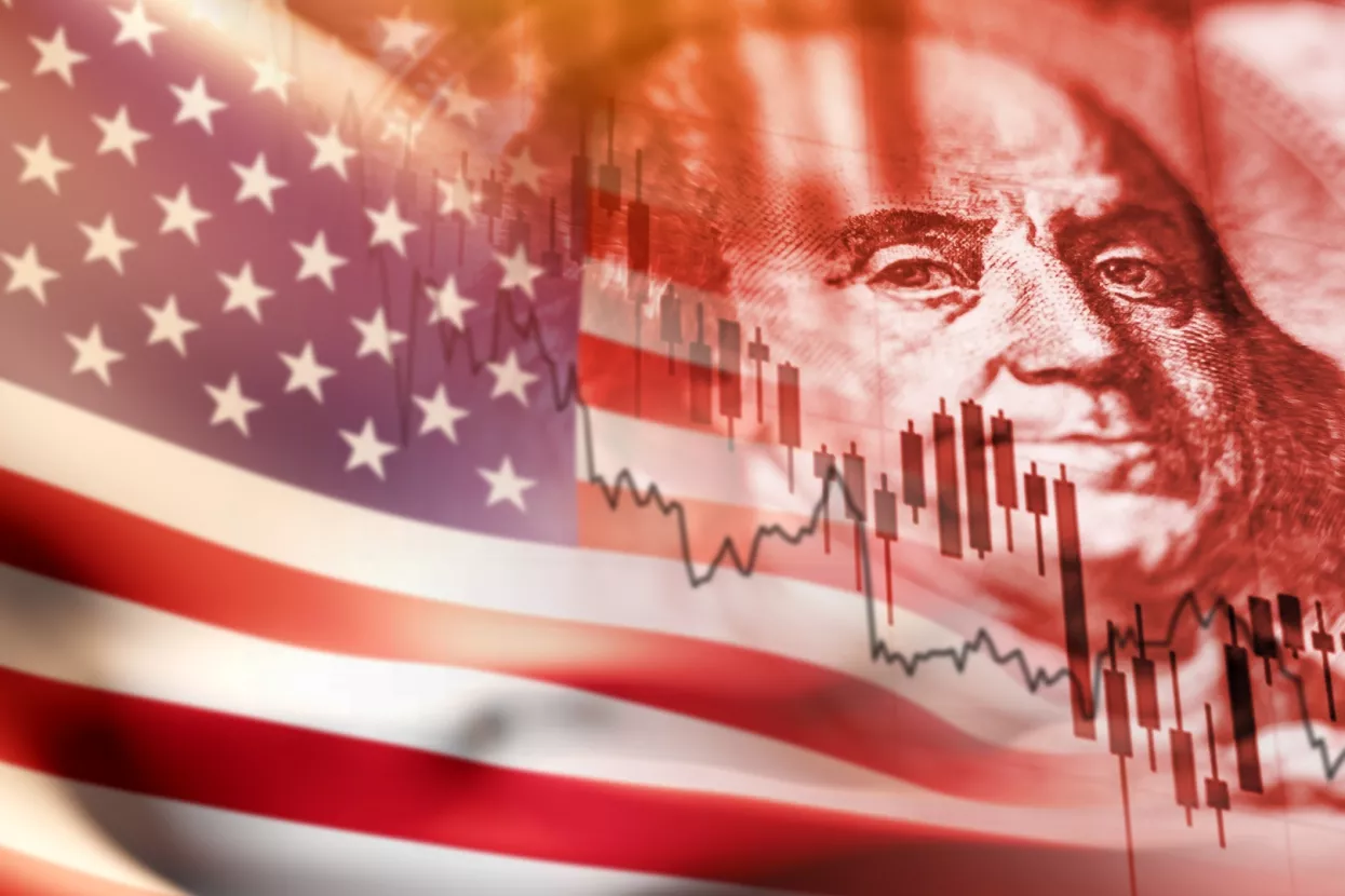 Financial collapse. Decline in value of US stocks. Decline in America's GDP growth concept. Falling graph in front of USA flag. Economic crisis in America. US dollar inflation metaphor. 3d rendering.