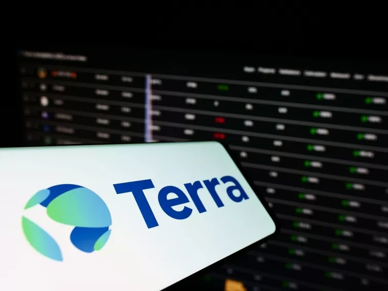Stuttgart, Germany - 07-15-2022Mobile phone with logo of company Terraform Labs Pte. Ltd. (Terra Money) on screen in front of business website. Focus on center of phone display. Unmodified photo.