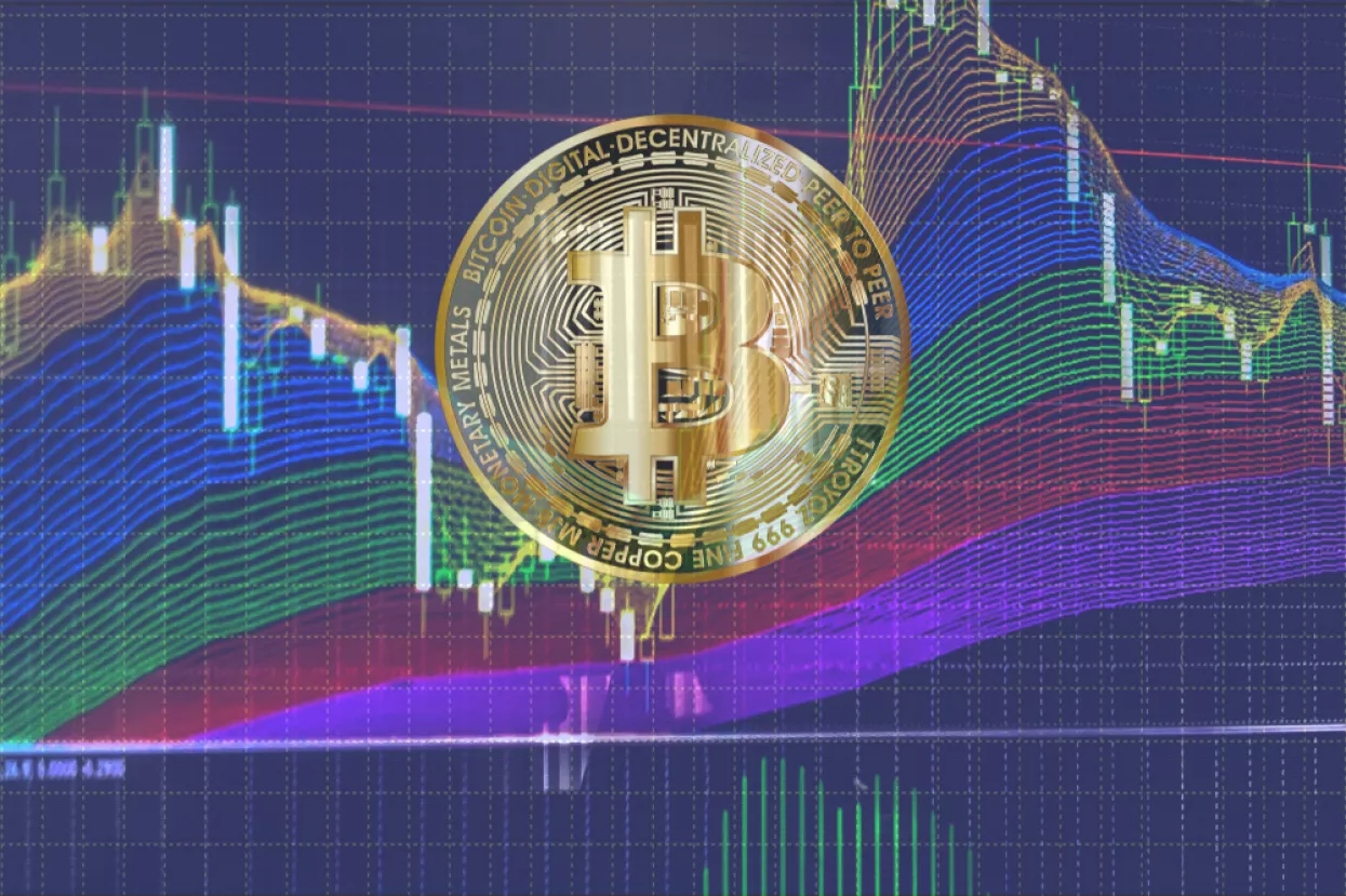 Bitcoin coin on a blue background candlestick chart with rainbow indicator. Bitcoin virtual currency blockchain digital technology concept. Bitcoin cryptocurrency trading