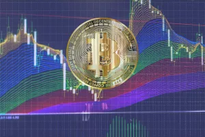 Bitcoin coin on a blue background candlestick chart with rainbow indicator. Bitcoin virtual currency blockchain digital technology concept. Bitcoin cryptocurrency trading