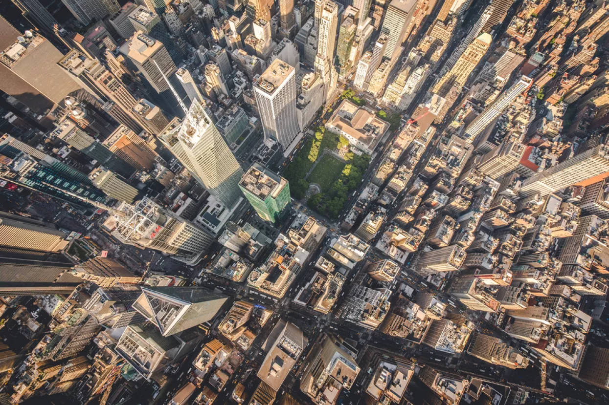 Aerial photograph taken from a helicopter in New York City, New York, USA.