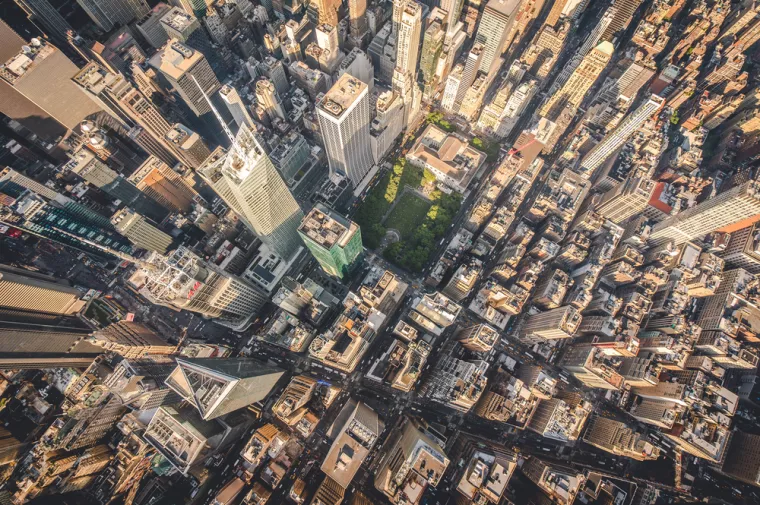 Aerial photograph taken from a helicopter in New York City, New York, USA.