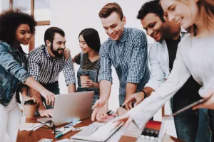 Multi-Ethnic. Project. Look. Young People. Different Nationalities. Designers. Young Specialists. Choose Colors for Design. Teamwork. Discussion. Brainstorming. Design Studio. Creative. Workplace.<br>biznis hub, inkubator, business, suradnja, suradnje