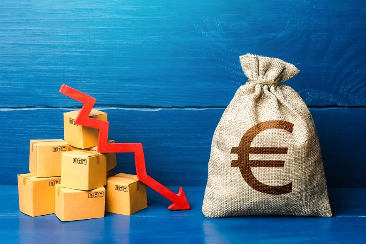 Euro money bag with boxes and down arrow. Income decrease, slowdown and decline of economy. Low sales. Production decline. Reduced transportation prices. Bad consumer sentiment and demand for goods. EU, eurozona, BDP, GDP, gospodarstvo, pad, usporavanje