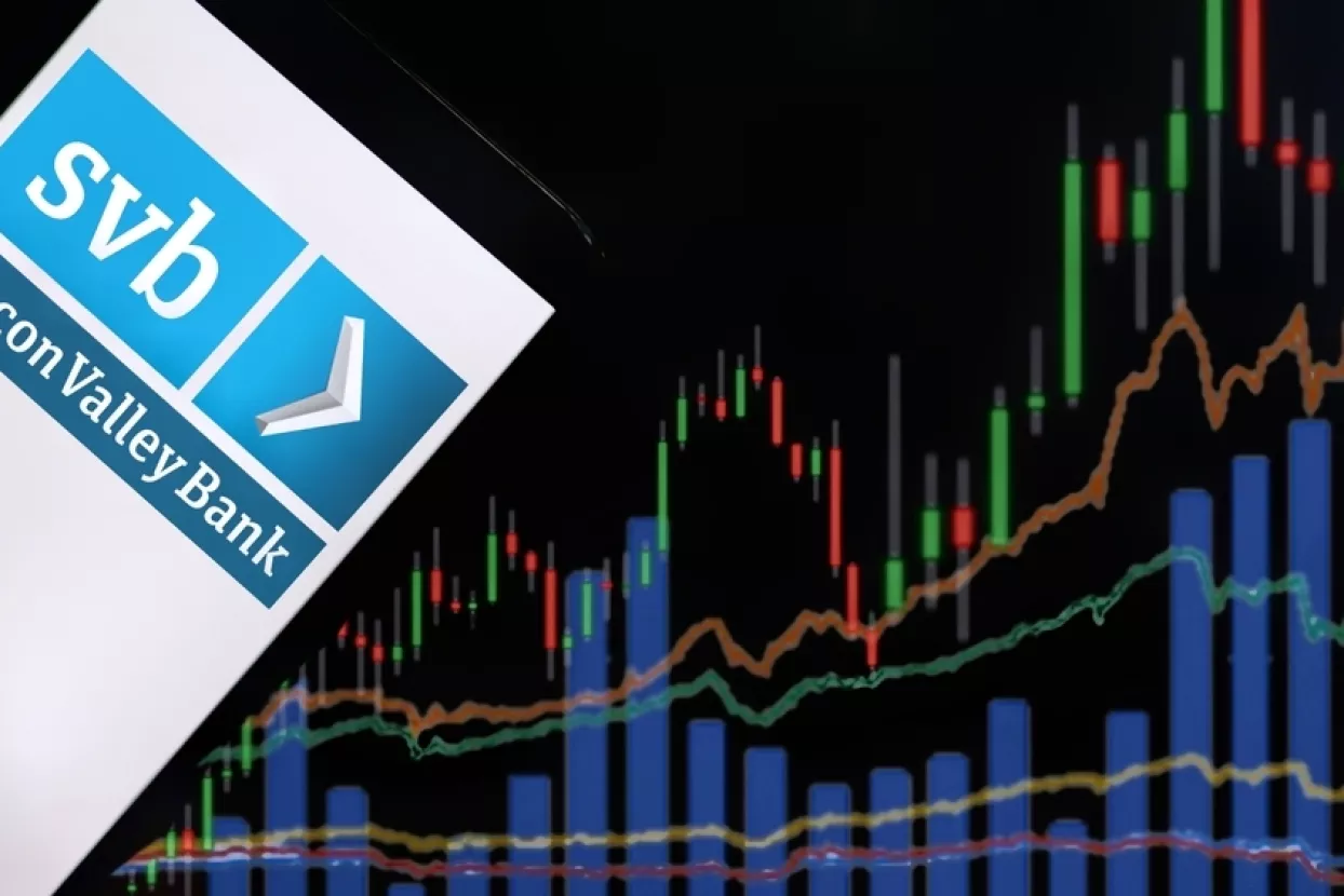 Jakarta - March 11,2023Silicon Valley Bank logo with stock market chart. Silicon Valley Bank (SVB) one of the largest banks in the United States and was the biggest bank in Silicon Valley