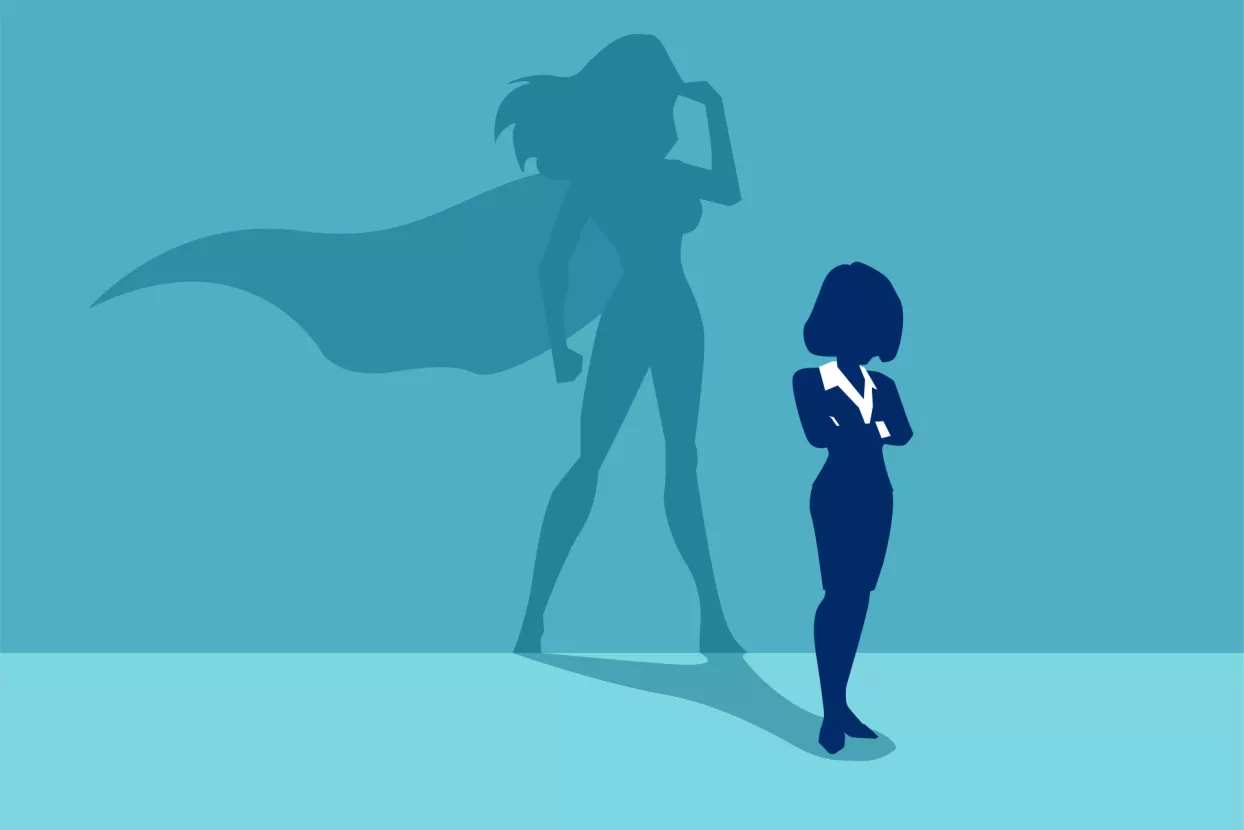 Vector of a strong business woman with a shadow imagining to be a super hero looking aspired.<br>žena, samopouzdanje, samopo&scaron;tovanje, žene u biznisu