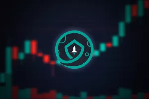 Safe moon cryptocurrency coin logo and defocused stock market chart background, virtual valuta concept.