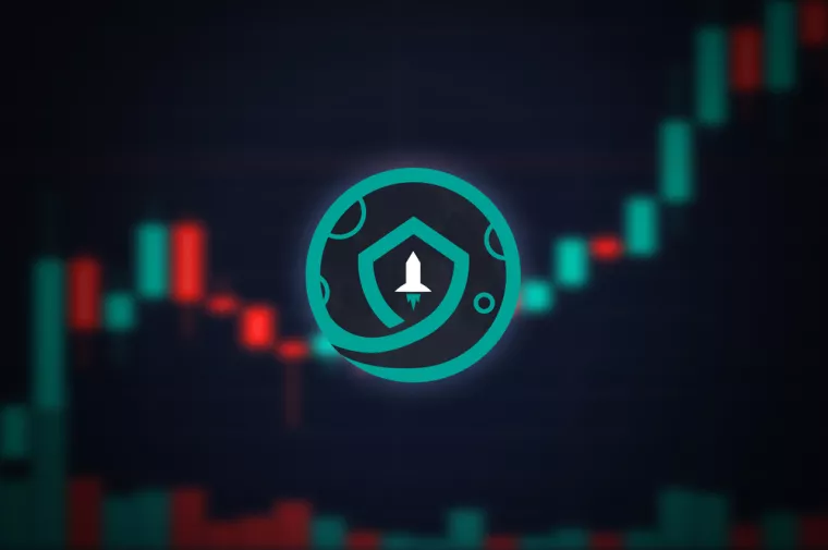 Safe moon cryptocurrency coin logo and defocused stock market chart background, virtual valuta concept.