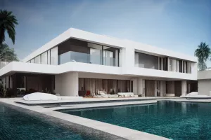 Luxury pool villa spectacular contemporary design digital art real estate, home, house and property, Generative AI illustration.
