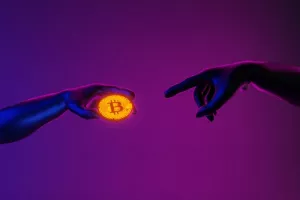 Bitcoin creation. Reproduction concept for creating Adam with cryptocurrency. 3d image.<br>bitcoin renesansa kriptovalute