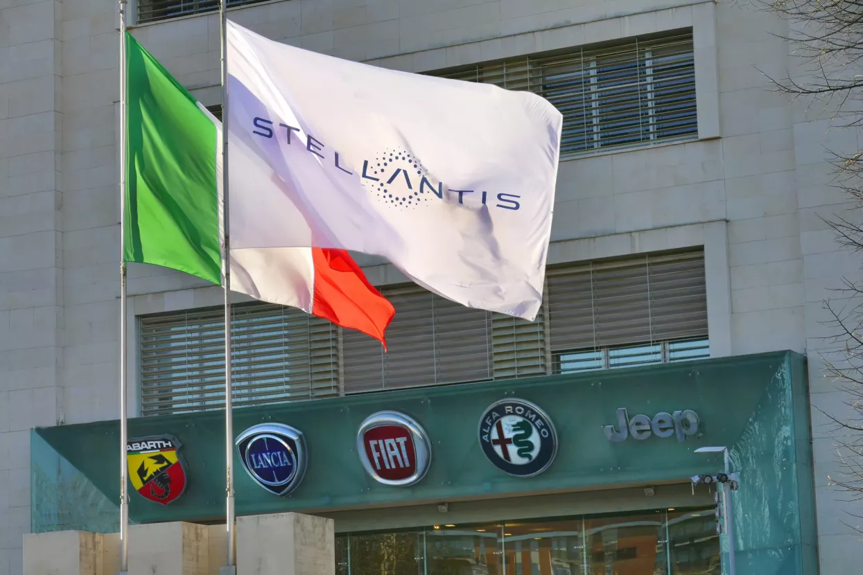 Stellantis corporation flag at italian headquarters after merging between Groupe PSA and FCA automotive Turin Italy January 25 2021