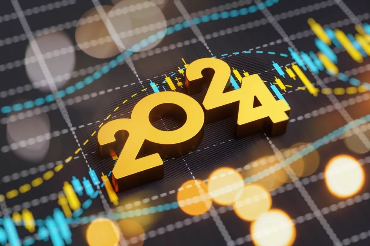 2024 New year card background economy finance business investment concept. 3D rendering chart data analytic revenue profit and digital information technology interface screen.