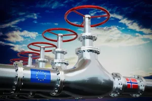 Gas pipeline, flags of European Union and Norway - 3D illustration<br>Norve&scaron;ka, EU, prirodni plin
