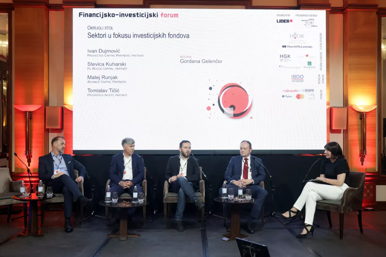 Financijsko - investicijski forum 2024. Okrugli stol "Sektori u fokusu investicijskih fondova": Tomislav Tičić, Matej Runjak, Stevica Kuharski, Ivan Dujmović i Gordana Gelenčer