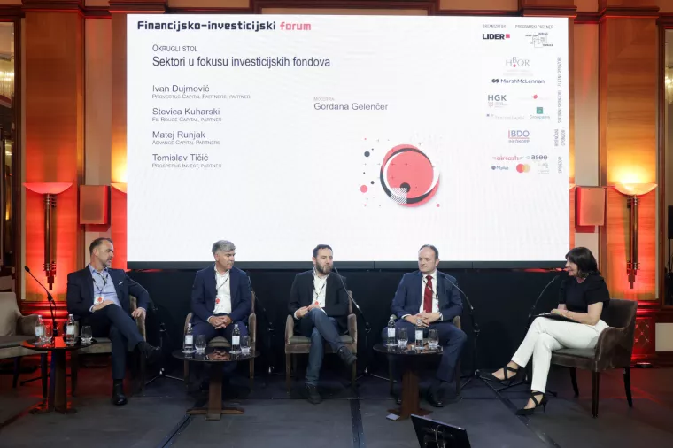Financijsko - investicijski forum 2024. Okrugli stol "Sektori u fokusu investicijskih fondova": Tomislav Tičić, Matej Runjak, Stevica Kuharski, Ivan Dujmović i Gordana Gelenčer