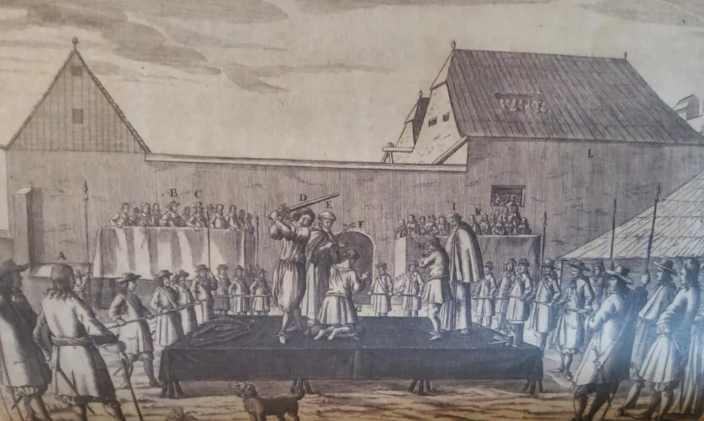 Pogubljenje Zrinskog, B grof Abele, D krvnik Nicholas Morr, G. Zrinski, bakrorez, Cornelis Mayssens, izvor Kazneni postupak protiv Petra Zrinskog i Frana Krste Frankopana - Dokumenti, &Scaron;k. knjiga