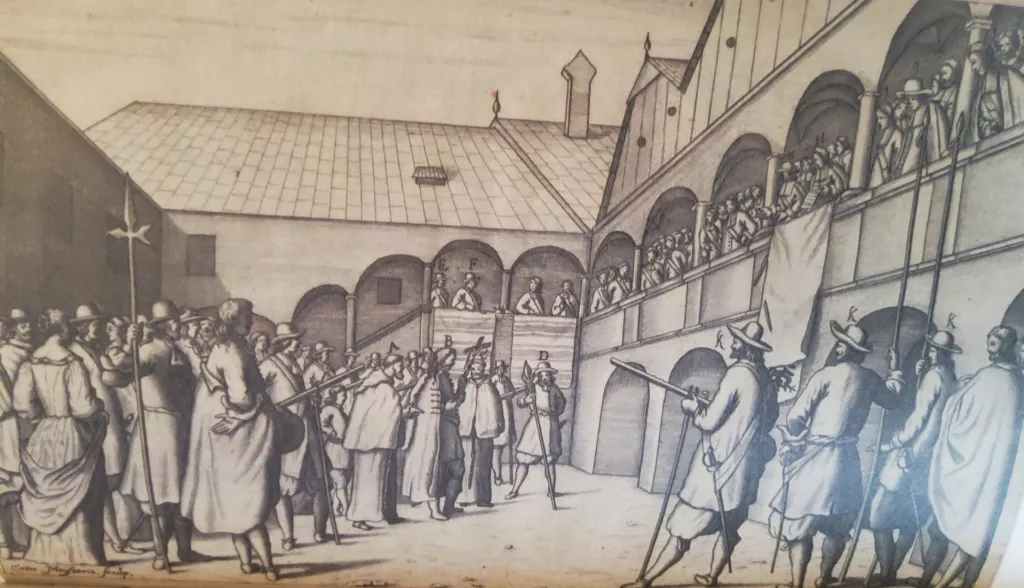 Zrinskog i Frankopana dovode na strati&scaron;te, bakrorez, Cornelis Mayssens, izvor Kazneni postupak protiv Petra Zrinskog i Frana Krste Frankopana - Dokumenti, &Scaron;k. Knjiga