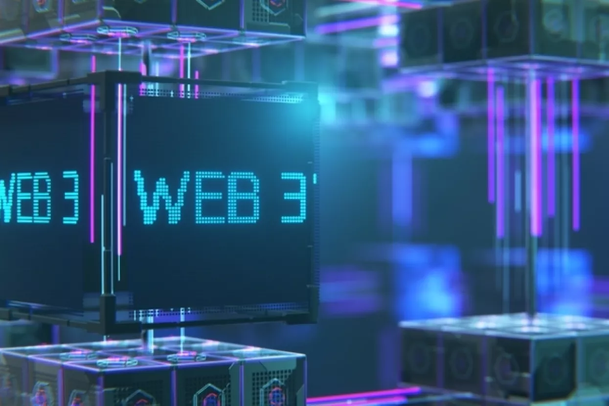 Concept of decentralized internet. Wide banner. WEB 3 technology concept. WEB 3.0 3d rendering.. blockchain