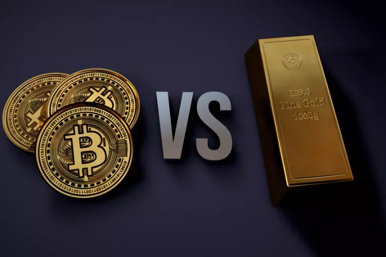 Bitcoin vs gold - Realistic 3d render illustration comparing bitcoins and gold bar on dark backgroundbitcoin vs zlato, zlatna poluga, kriptovalute, kriptovaluta