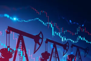 Three oil pumps over blue background with double exposure of falling blurry digital graphs. Concept of oil market crisis. 3d rendering toned imagenafta, plin, proizvodnja, pad proizvodnje, pad cijena, cijene, cijene nafte, cijene plina, burze, burzovne robe, energenti