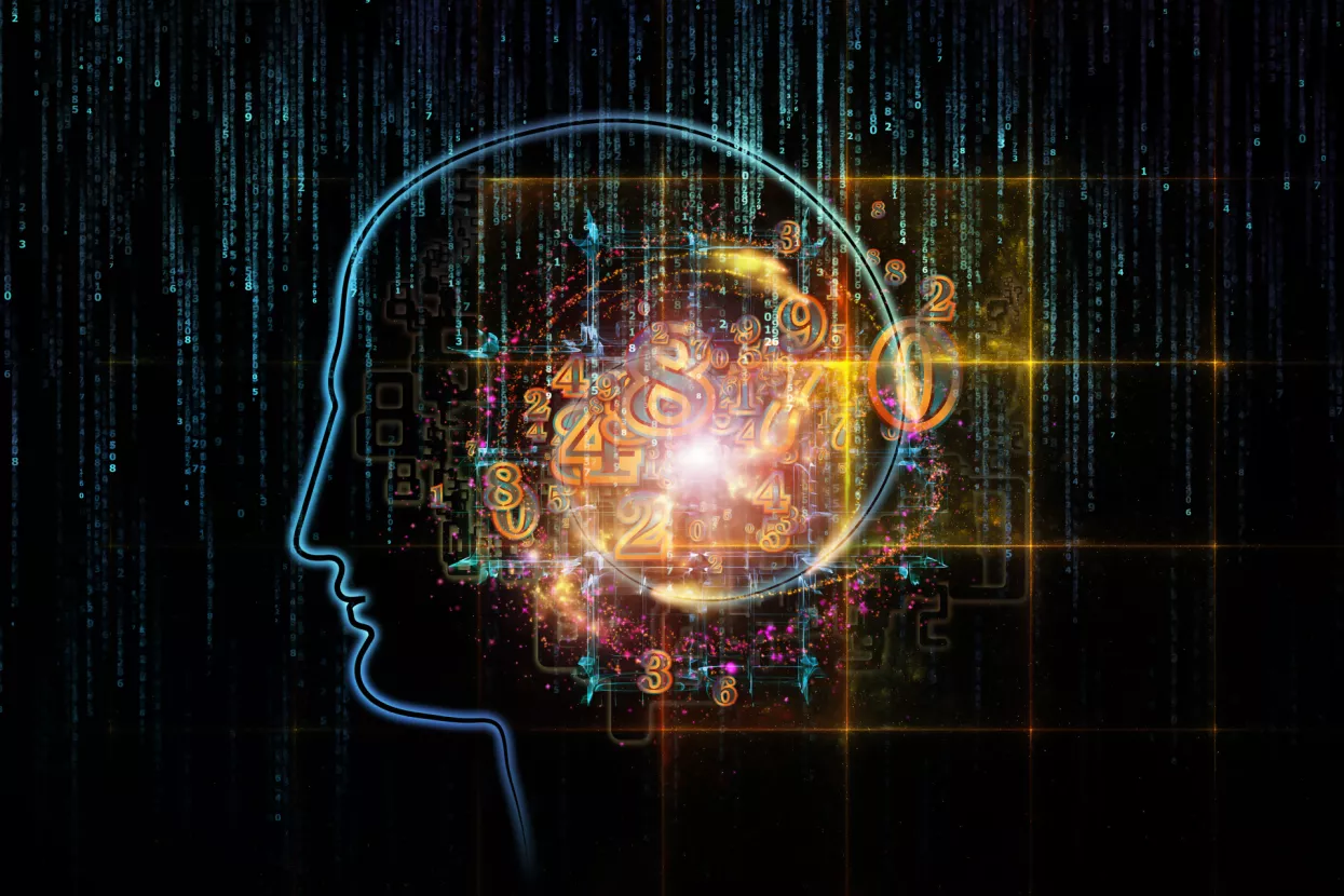 Artistic background made of outlines of human head, technological and fractal elements for use with projects on artificial intelligence, computer science and future technologies