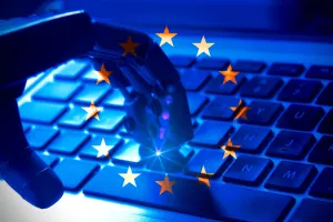 Europe flag Machine learning design. Smart network digital technology. AI.