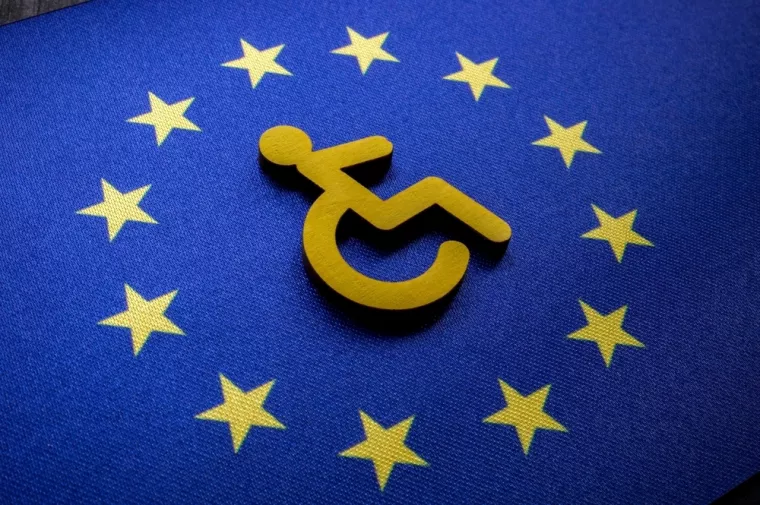 Disabled person sign on the EU flag. European accessibility act concept. Europski akt o pristupačnosti, EU