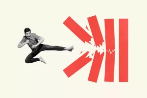 Creative composition of guy kick leg bricks destroy barriers achieving career goals isolated on pastel color background