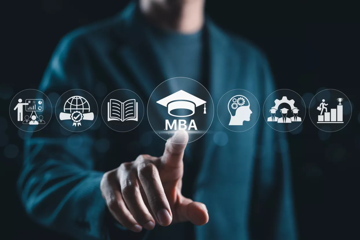  ekonomski fakultet u rijeci MBA Program Concept. Master of Business Administration. Businessman pointing MBA text and graduation cap icon, educational and professional development symbols representing business learning.