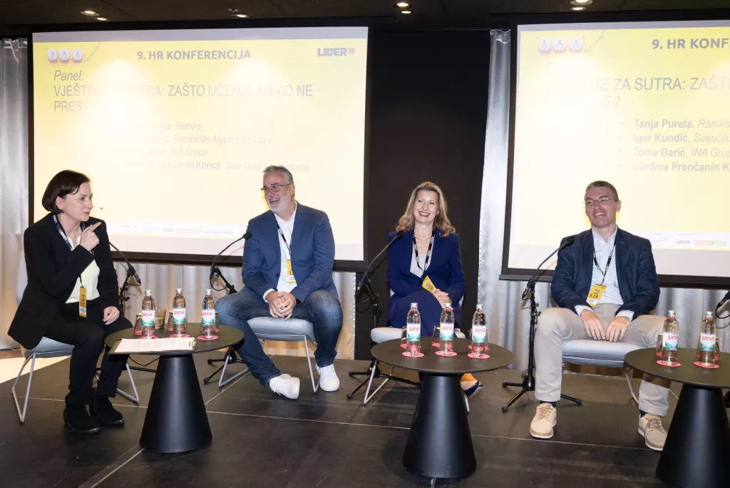 9. HR konferencija1. panel: Vje&scaron;tina za sutra: za&scaron;to učenje nikada ne prestaje?Đurđica Preočanin Korica, Igor Kundić, Tanja Pureta, Tome Barić