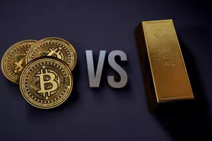 Bitcoin vs gold - Realistic 3d render illustration comparing bitcoins and gold bar on dark backgroundbitcoin vs zlato, zlatna poluga, kriptovalute, kriptovaluta