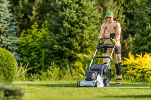 A man in casual work attire operates a lawn mower in a well-maintained garden filled with greenery under bright sunlight.