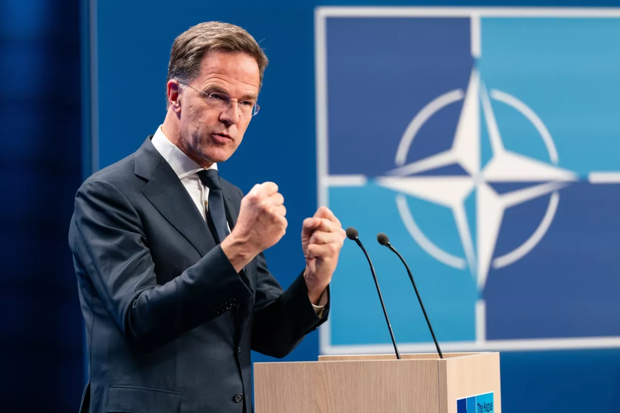 DEN HAAG, NETHERLANDS - JUNE 23 2025NATO Secretary General Mark Rutte gestures during the NATO Summit 2025 Secretary General's Pre-Summit Press Conference at the World Forum
