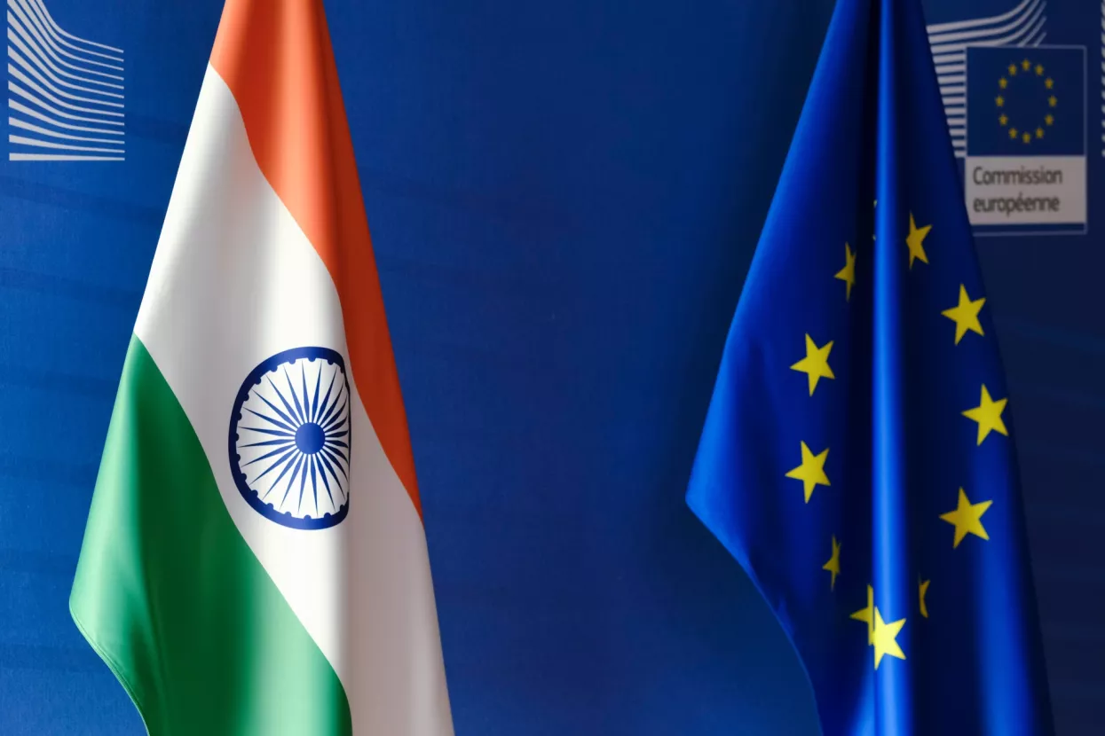 EU and India flags EU headquarters in Brussels, Belgium on May 16, 2023.