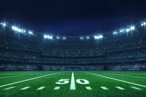 American football league stadium with white lines and fans, illuminated field side view at night, sport building 3D professional background illustrationSuper Bowl Half Time Show