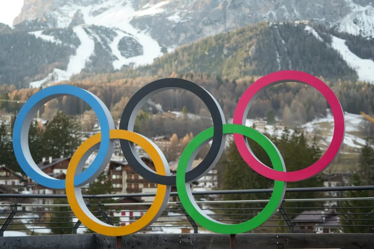 CORTINA D'AMPEZZO, ITALY - December 12, 2025 The logo with the Olympic rings in Cortina 2026 is for the 25th Olympic Winter Games.Zimske olimpijske igre Milano Cortina 2026
