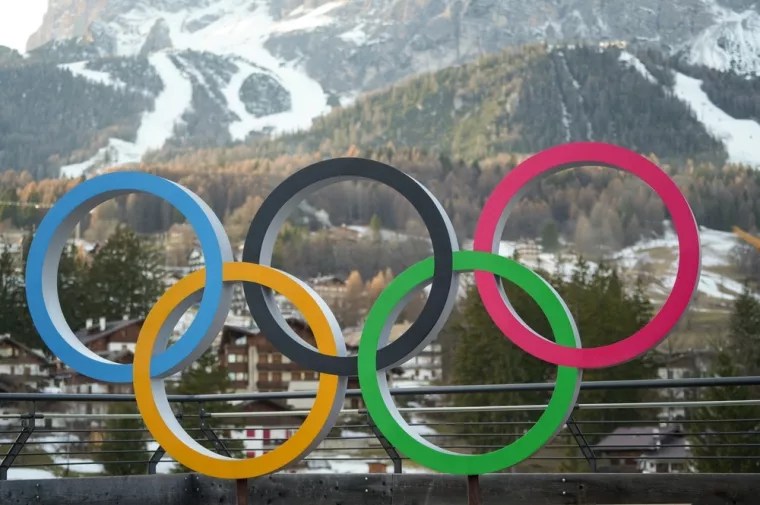 CORTINA D'AMPEZZO, ITALY - December 12, 2025 The logo with the Olympic rings in Cortina 2026 is for the 25th Olympic Winter Games.Zimske olimpijske igre Milano Cortina 2026